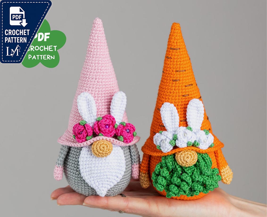 Crochet patterns Easter bunny gnomes with crochet flowers, Easter crochet carrot gnome amigurumi pattern, Crochet Easter gnomes patterns